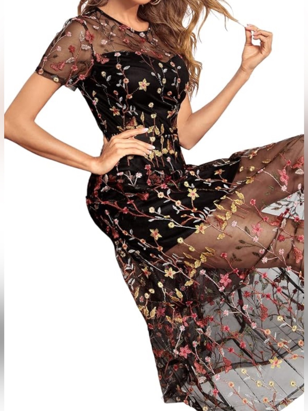 Floral Embroidered Black Maxi Dress with Sheer Overlay - Picture 3 of 15